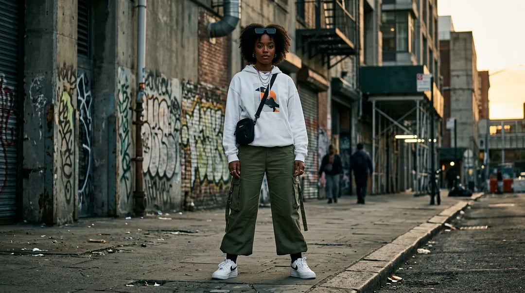 Confident streetwear-styled person posing on urban sidewalk during golden hour