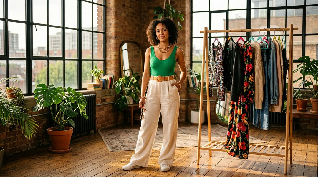 Stylish woman in bold sustainable outfit beside curated capsule wardrobe rack, warm editorial lighting