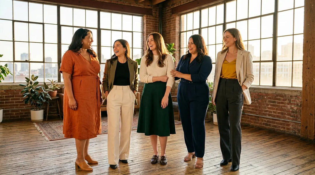 Diverse women in flattering stylish outfits laughing together in sunlit loft space