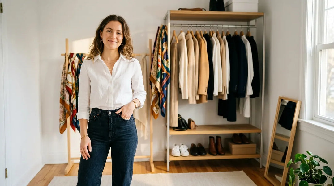 Confident woman in classic outfit beside curated minimalist wardrobe in sunlit bedroom