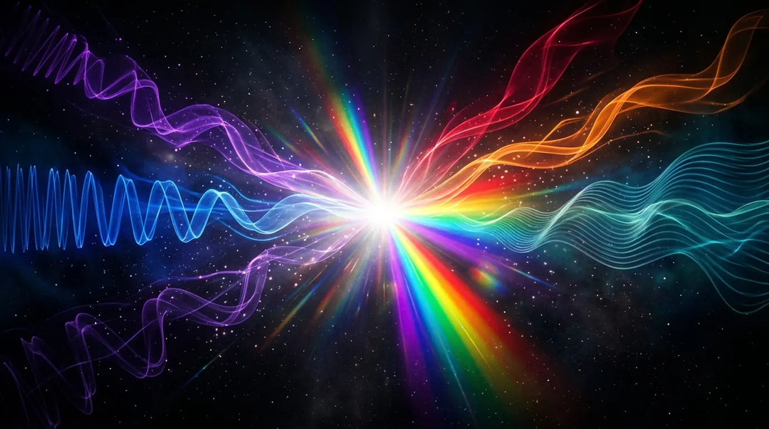 Brilliant electromagnetic spectrum light waves radiating outward through dark space, evoking scientific wonder