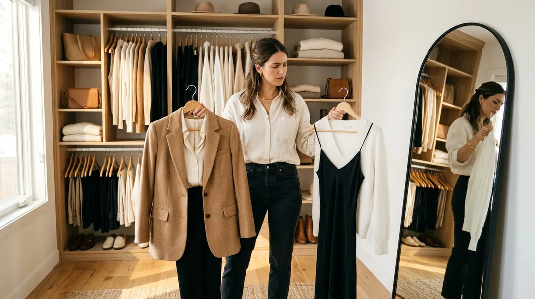Woman contemplating outfit choices before a curated neutral-toned closet in warm light