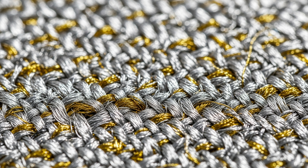 Close-up of woven metallic fabric with silver and gold thread texture