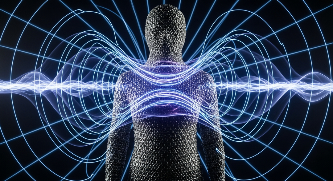 Digital human figure with glowing blue energy waves flowing through body against dark background
