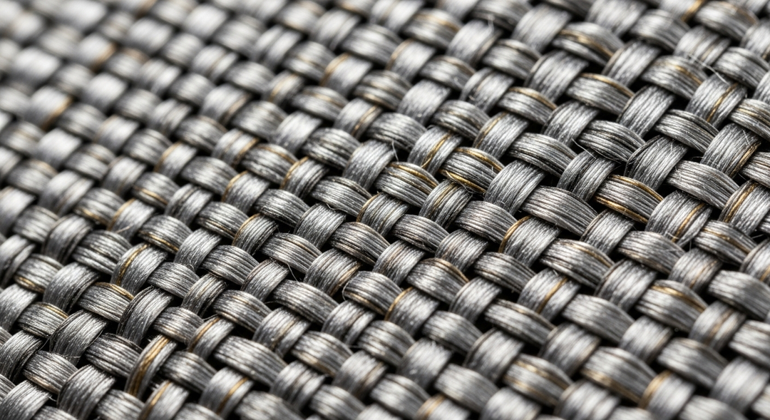 Close-up of woven metallic mesh fabric with silver and gold thread pattern