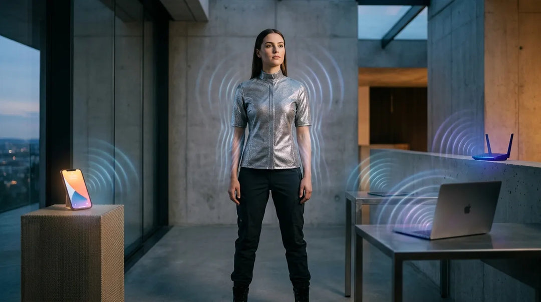 Person wearing silver conductive fabric shirt deflecting electromagnetic waves from devices, futuristic mood