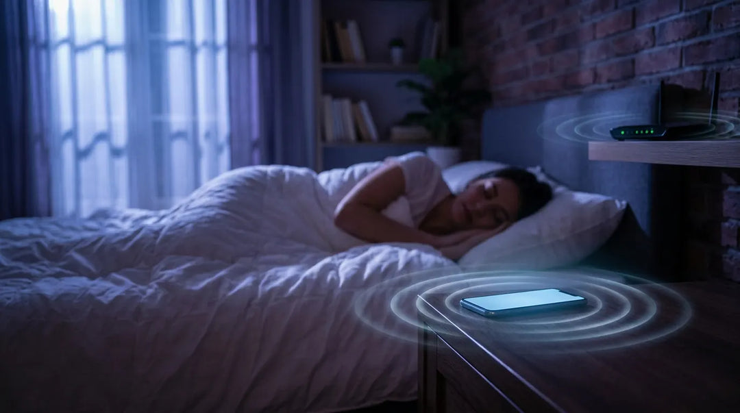Glowing smartphone on nightstand emitting light waves beside sleeping person in dark bedroom