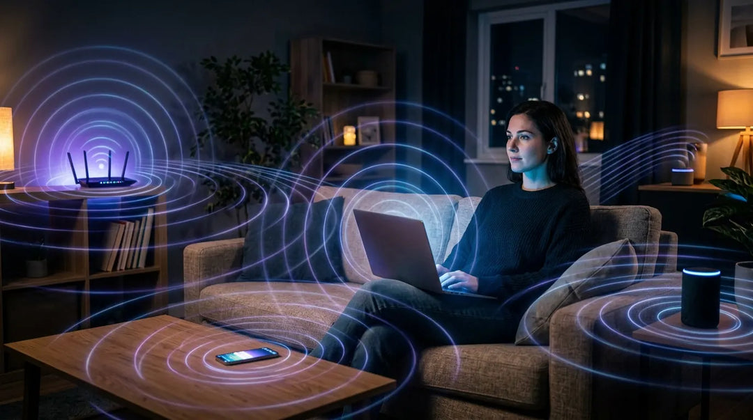 Person on couch surrounded by glowing electromagnetic waves from household devices, moody atmosphere