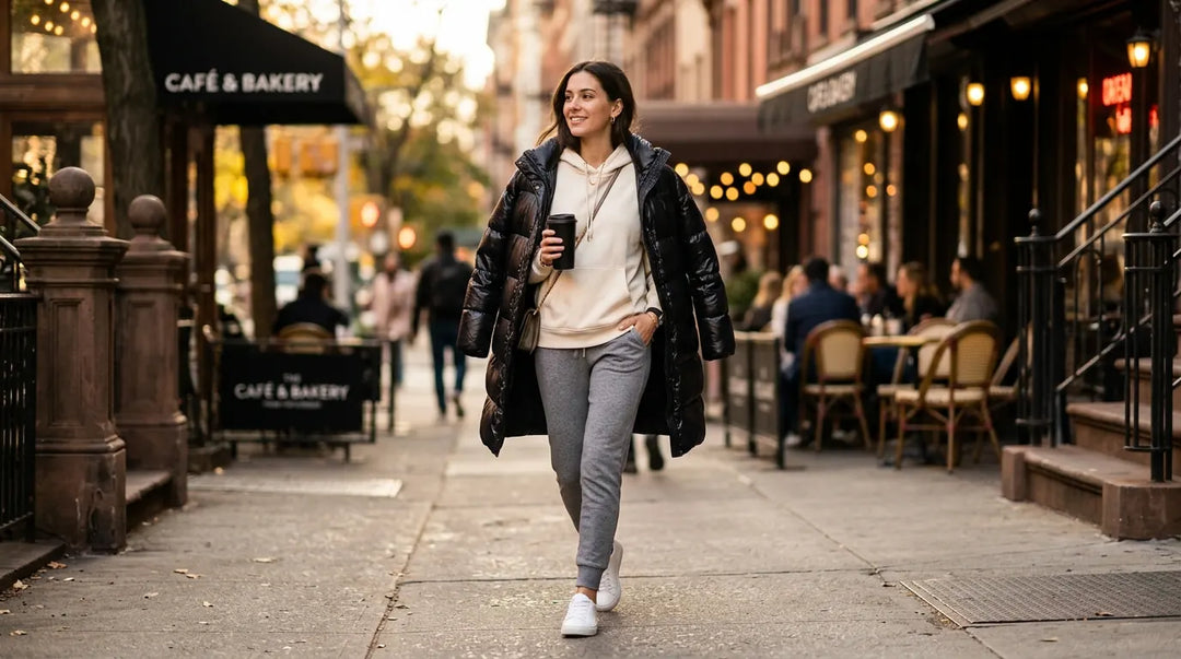 Stylish woman in fitted joggers and puff coat walking confidently on sunlit city sidewalk