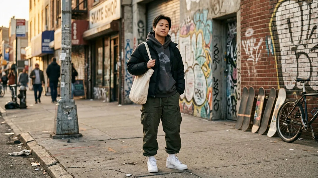 Stylishly layered streetwear outfit with puffer coat on urban sidewalk at golden hour