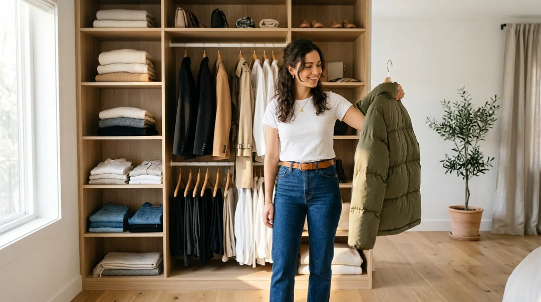 Stylish woman thoughtfully selecting clothes from a curated minimalist closet in warm light