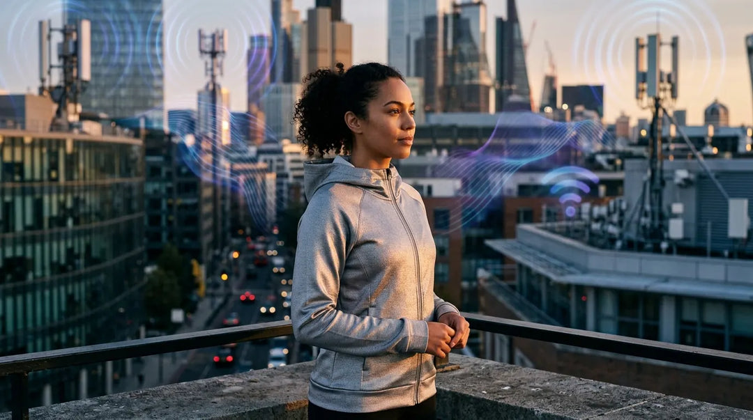 Person wearing silver metallic Faraday fabric hoodie amid urban electromagnetic sources at golden hour