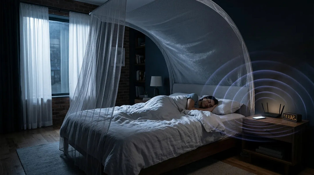 Peaceful bedroom at night with glowing electronic devices and protective mesh canopy over bed