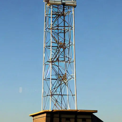 Tall metal radio transmission tower with antenna against clear blue sky