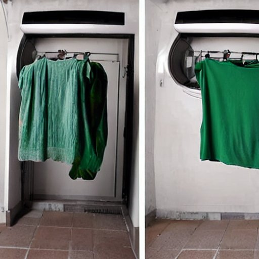 Before and after comparison of green clothes hanging on drying rack showing mildew removal