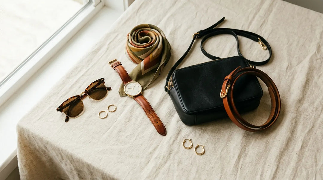 Curated flat lay of timeless accessories including watch, sunglasses, and leather goods on linen