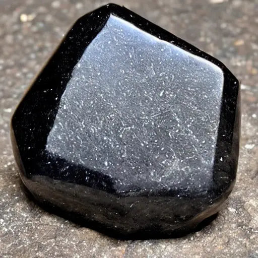 Black shungite stone with metallic gray face on textured surface