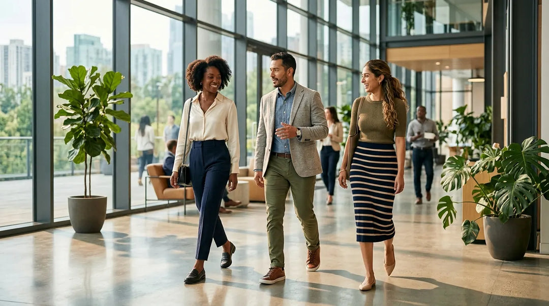Stylish professionals in business casual outfits walking through sunlit modern office lobby