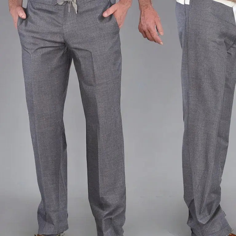 Man wearing gray heathered slacks with drawstring waist and straight leg fit