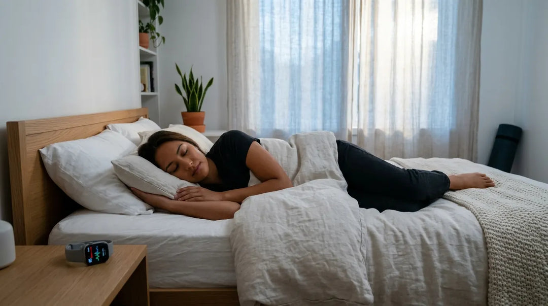 Person sleeping peacefully in minimalist bedroom with fitness watch on nightstand, tranquil dawn light