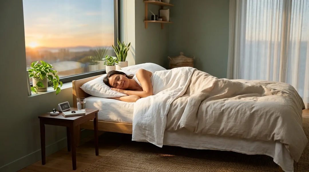 Person sleeping peacefully in minimalist bedroom bathed in warm dawn light