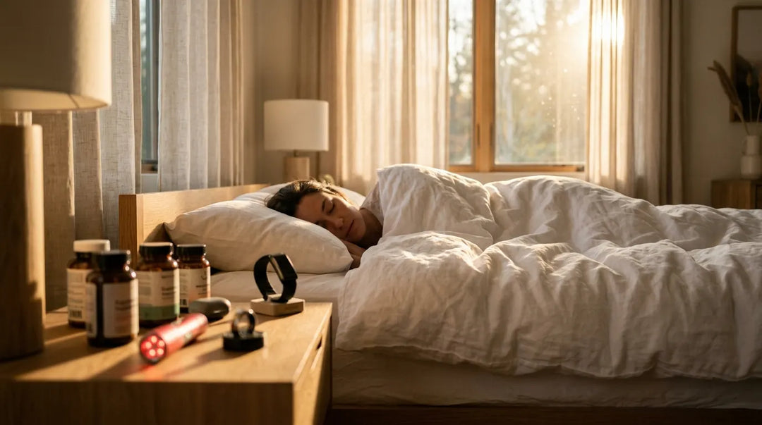 Person sleeping peacefully at dawn with unused biohacking supplements on nightstand, warm serene mood