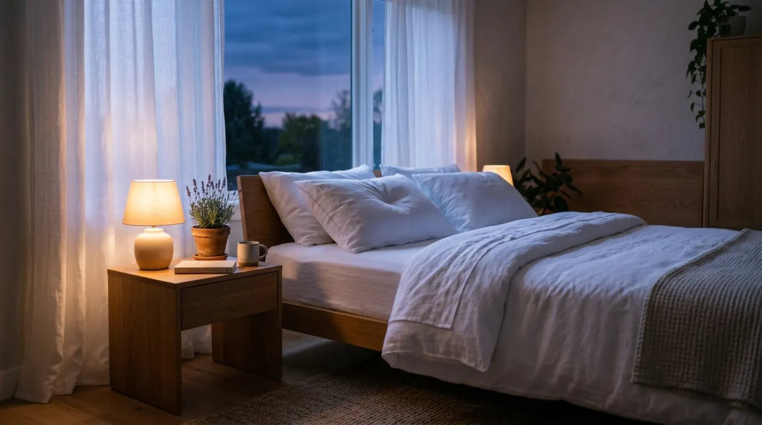 Serene bedroom at dawn with soft blue light, white linens, and warm bedside glow
