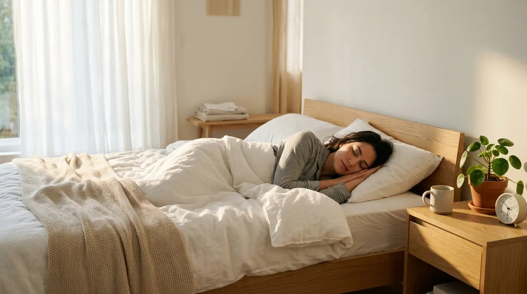 Person sleeping peacefully in sunlit minimalist bedroom with white linens, tranquil morning atmosphere