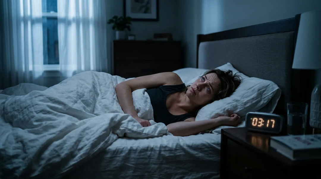 Person lying awake in moonlit bedroom at night conveying insomnia and restlessness