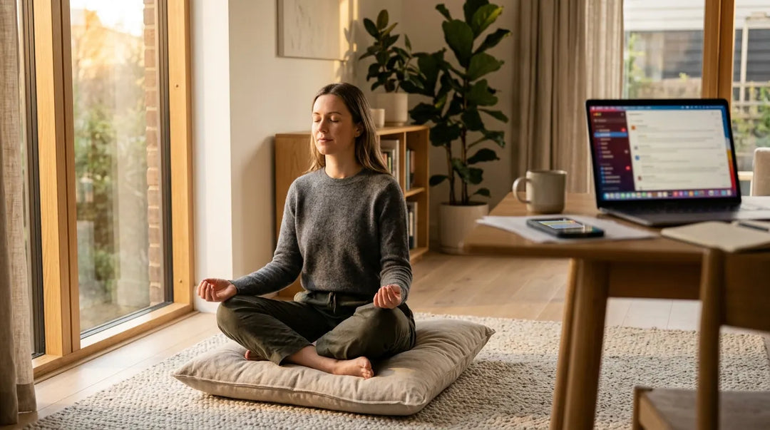 Calm woman meditating in sunlit room with laptop and phone set aside nearby