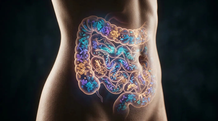 Glowing bioluminescent gut microbiome visualization inside translucent human torso, dramatic lighting, dark background