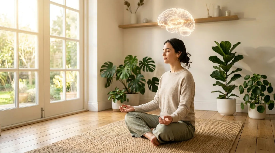 Serene person meditating in sunlit room with subtle glowing brain visualization, calm scientific mood