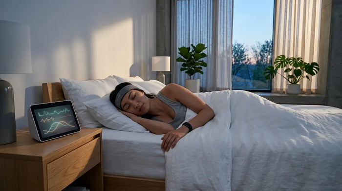 Person sleeping in modern bedroom wearing biometric devices, serene blue-hour dawn light