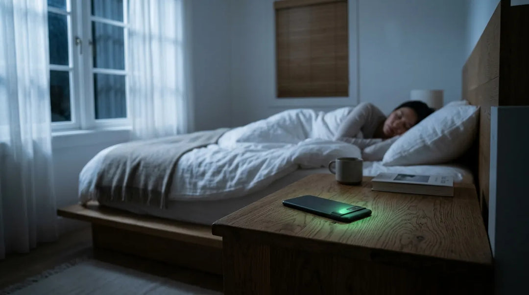 Smartphone face-down on nightstand in moonlit bedroom with person sleeping peacefully
