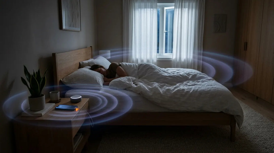 Moonlit modern bedroom with glowing devices emitting subtle electromagnetic wave visualizations around sleeping person