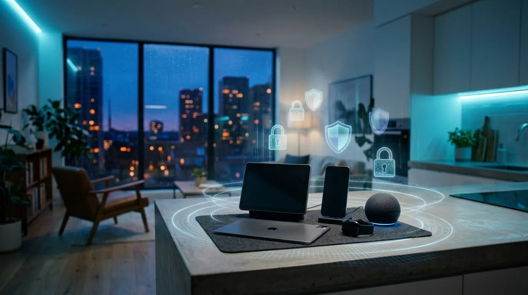 Smart home devices on counter with glowing cybersecurity shields and electromagnetic wave ripples, moody blue lighting