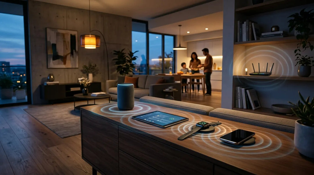 Modern smart home devices emitting subtle glowing electromagnetic wave ripples in dimly lit living room