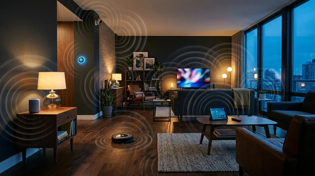 Modern living room filled with glowing smart home devices and faint wireless signal waves, twilight mood