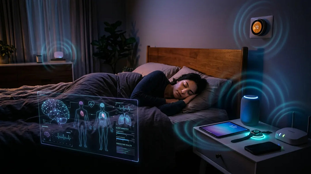 Person sleeping in smart-device-filled bedroom with glowing AI health hologram, contemplative mood