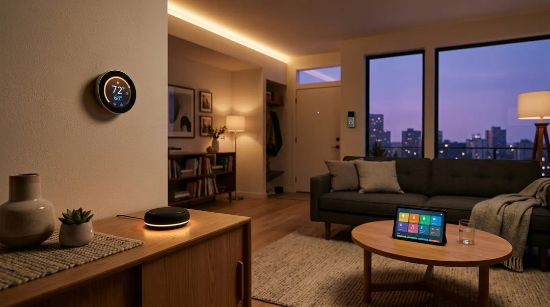 Modern living room at dusk with smart speaker, thermostat, and connected devices glowing warmly