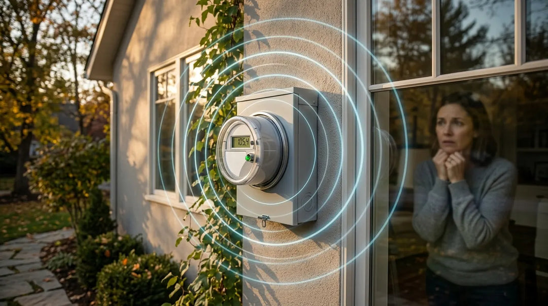 Smart meter mounted on house exterior wall with concentric blue wireless signal rings emanating outward