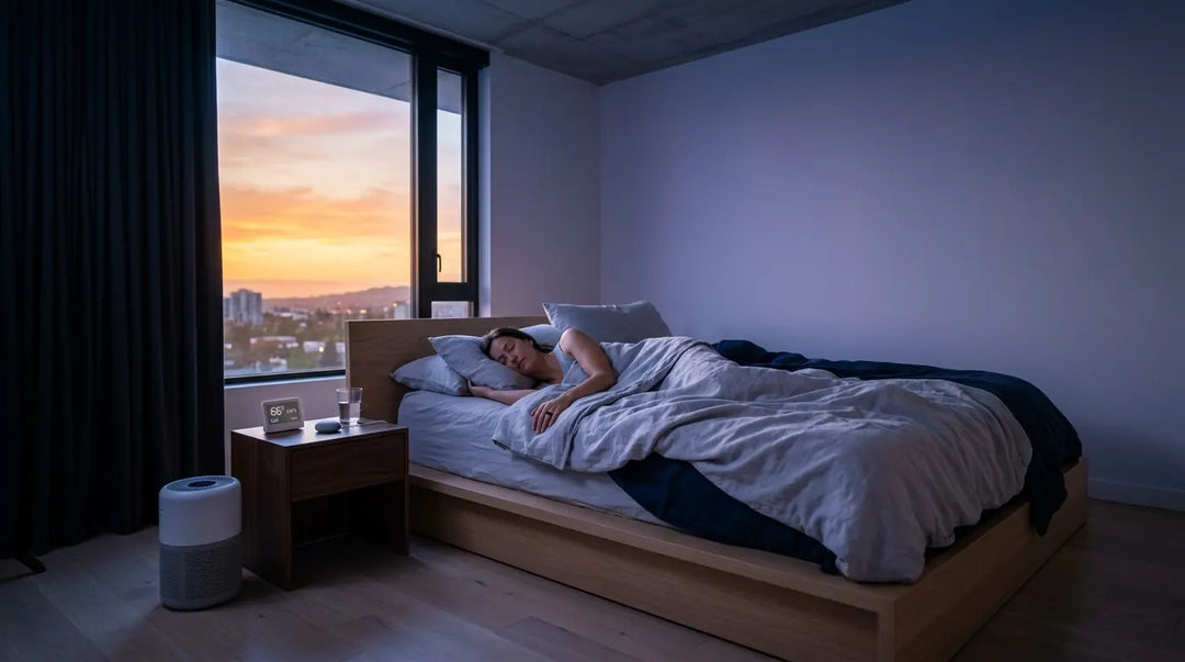 Cool modern bedroom at twilight with peaceful sleeper contrasting warm summer sunset outside