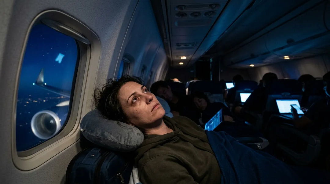 Sleepless traveler lying awake in dim airplane cabin surrounded by glowing device screens at night