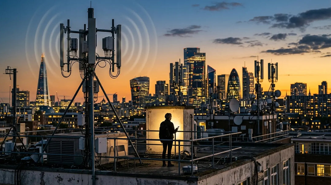 Person on rooftop overlooking cityscape with 5G cell towers at dusk, contemplative mood