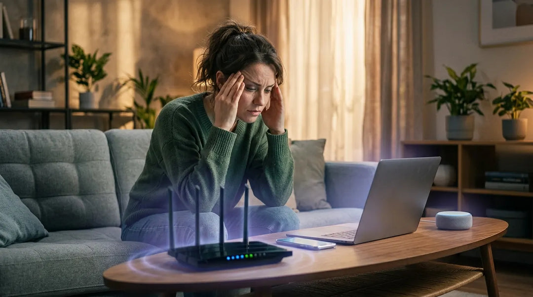 Woman sitting at desk with laptop and WiFi router showing EMF radiation visualization