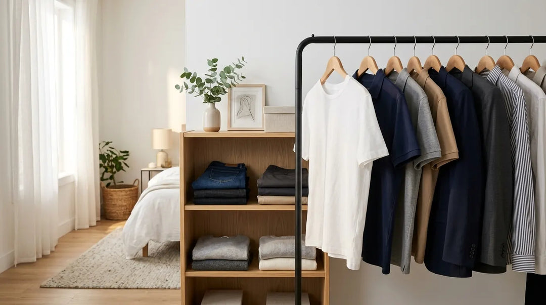 Curated capsule wardrobe of essential clothing on minimalist rack in sunlit bedroom