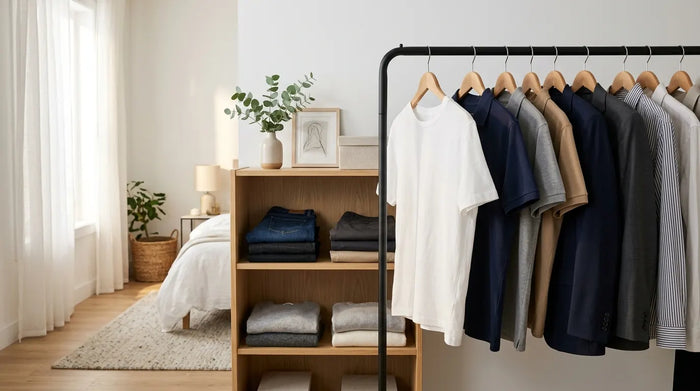 Curated capsule wardrobe of essential clothing on minimalist rack in sunlit bedroom
