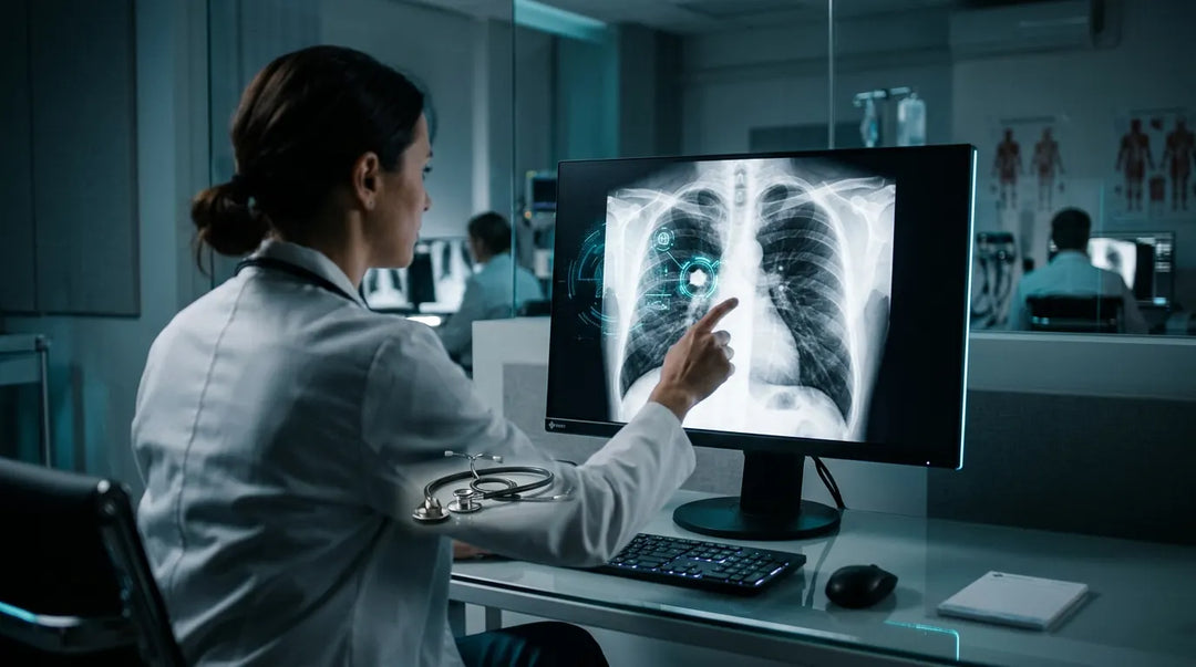 Radiologist studying AI-enhanced chest X-ray on diagnostic monitor in dimly lit hospital room
