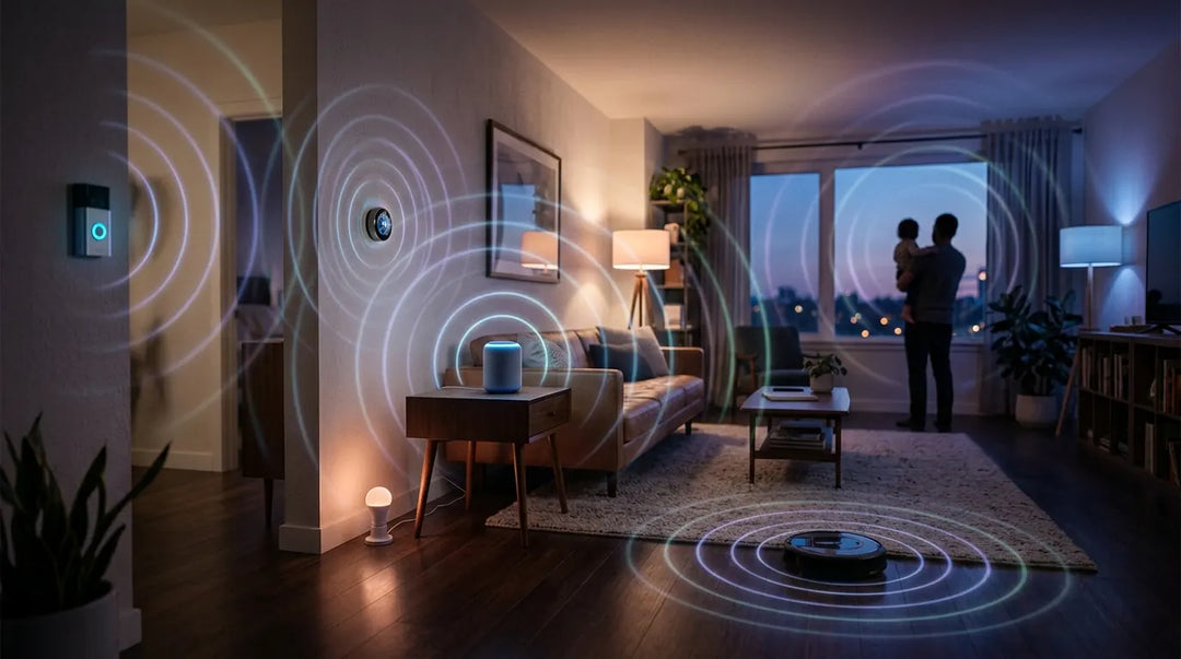 Modern living room filled with glowing smart devices emitting overlapping wireless signal waves, contemplative mood