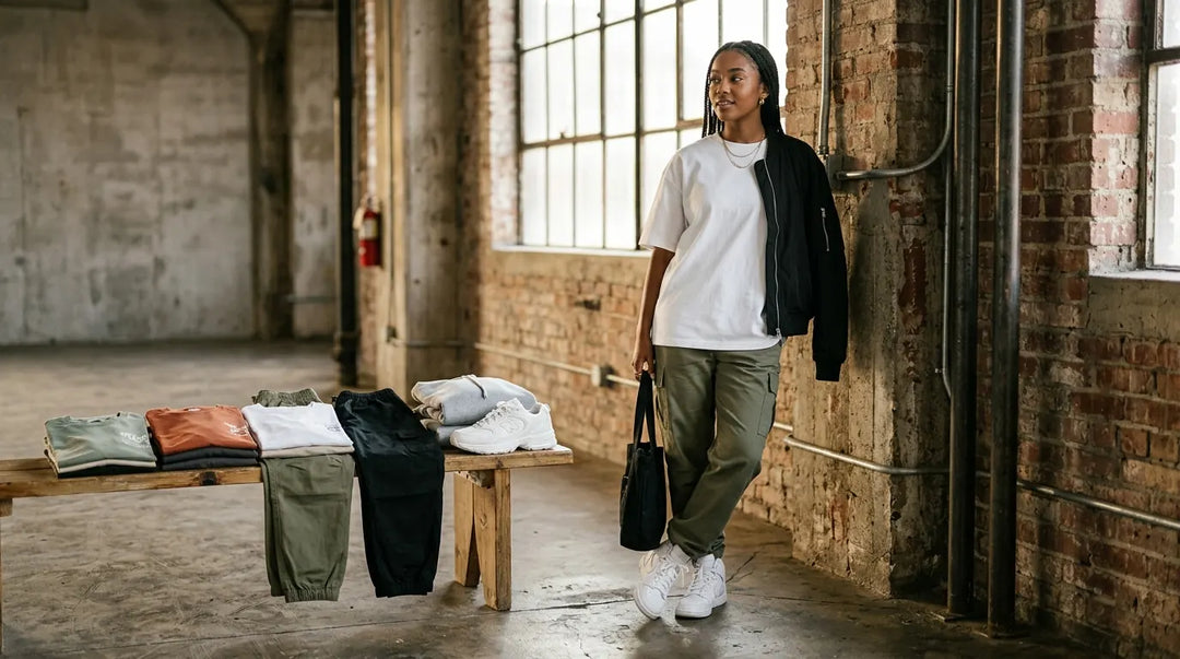 Stylish person in curated streetwear basics beside neatly arranged wardrobe essentials in urban warehouse setting